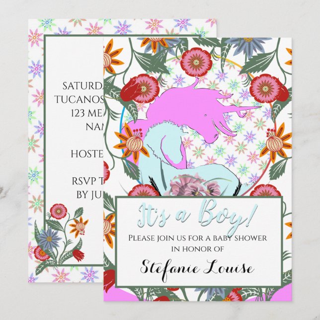 Flowing Unicorn Pink It's a Boy! (flowers & pink) Invitation (Front/Back)