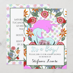 Flowing Unicorn Pink It's a Boy! (flowers & pink) Invitation