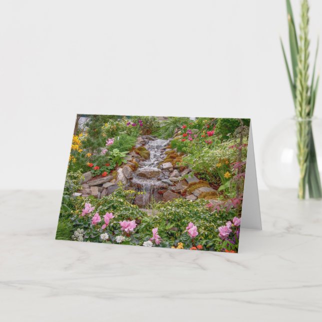 Flowing Waterfall with spring flowers Card (Front)