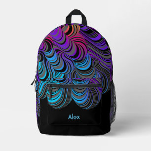 Flowing Waves of Blue, Purple & Grey on Black Printed Backpack