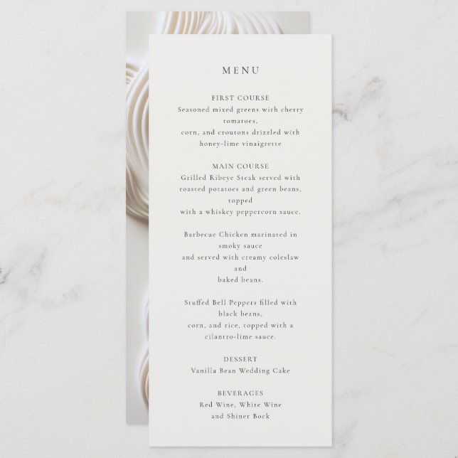 Flowy sculpted ivory wedding menu (Front/Back)