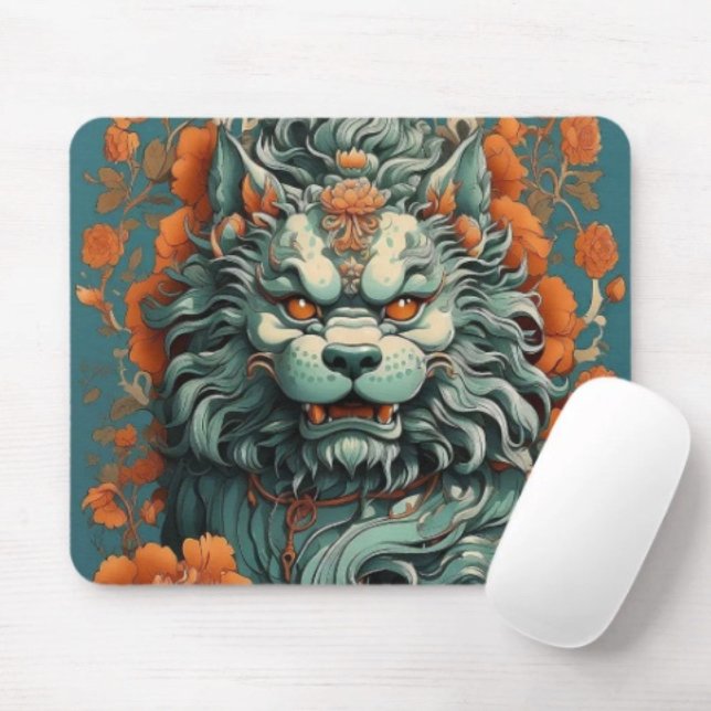 Flu Lion of Wisdom  Mouse Mat (Asian Lion Head mouse pad durable dust and stain resistant.  9.25"l x 7.75"w. Non-slip rubber.)
