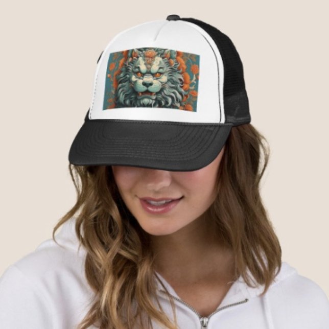 Flu Lion of Wisdom  Trucker Hat (Asian Lion Head  Hat –  Adjust from 17" to 24" 100% polyester foam front 100% nylon mesh back. 
)