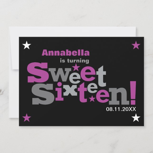 Fluctuating Type Sweet 16 Party Invitation (Front)