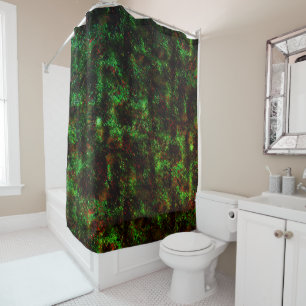 Fluctuation of dark spots on showy green and red shower curtain