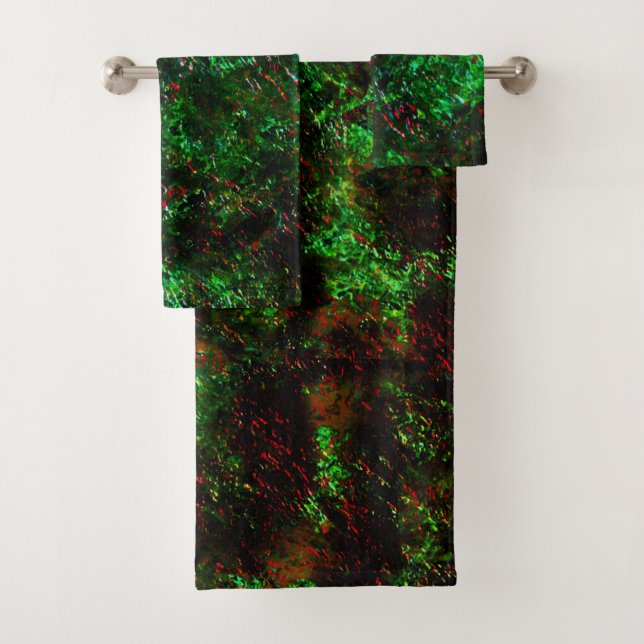 Fluctuation of dark spots on showy rough green bath towel set (Insitu)