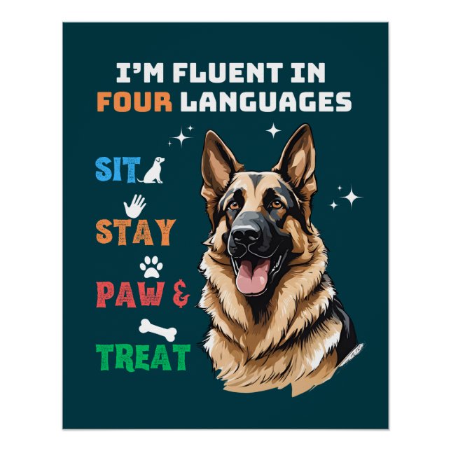 Fluent In Four Languages: Sit, Stay, Paw & Treat Poster (Front)