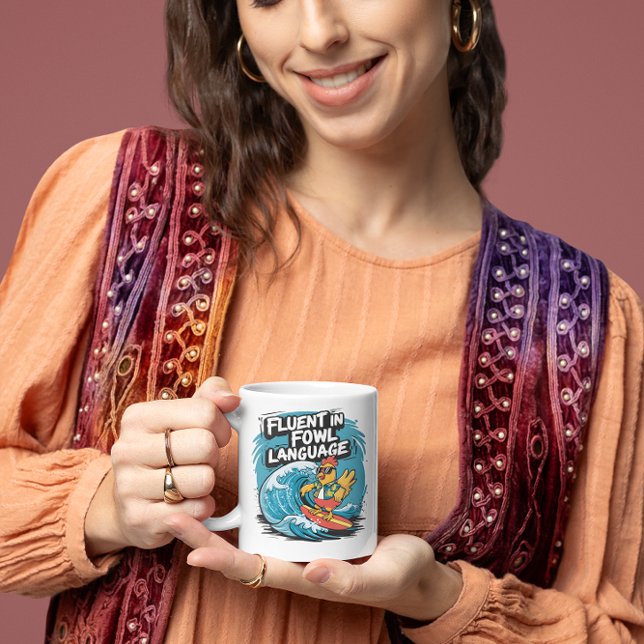 Fluent in Fowl Language Cool Rooster Surfing Coffee Mug (Creator Uploaded)