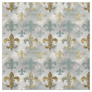 Fluer de Lis Soft Blue & Gold Fabric