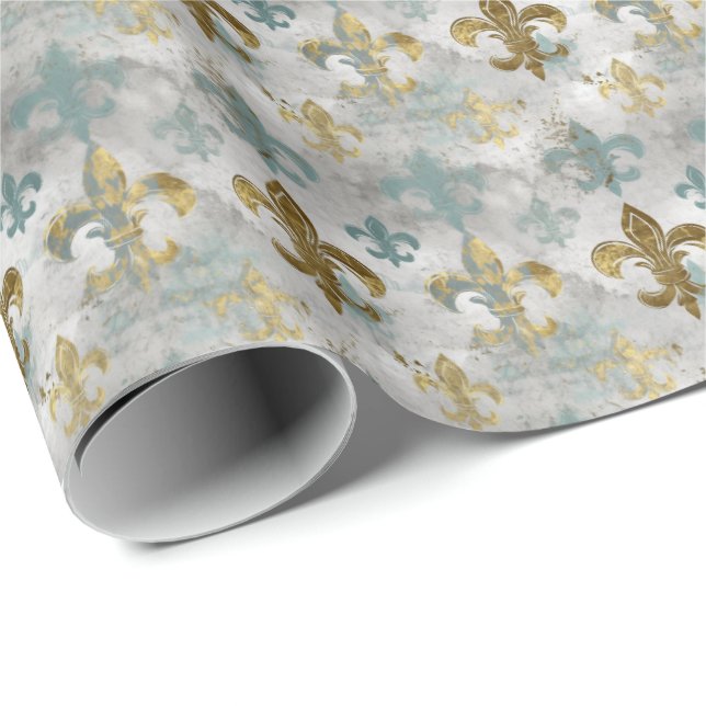 Fluer de Lis | Soft Blue & Gold Wrapping Paper (Roll Corner)