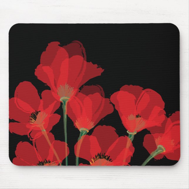 Fluers de Pavot Rouge sur Noir Mouse Mat (Front)