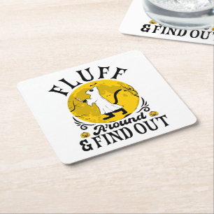 Fluff Around and Find Out, Scary Cat Halloween Square Paper Coaster
