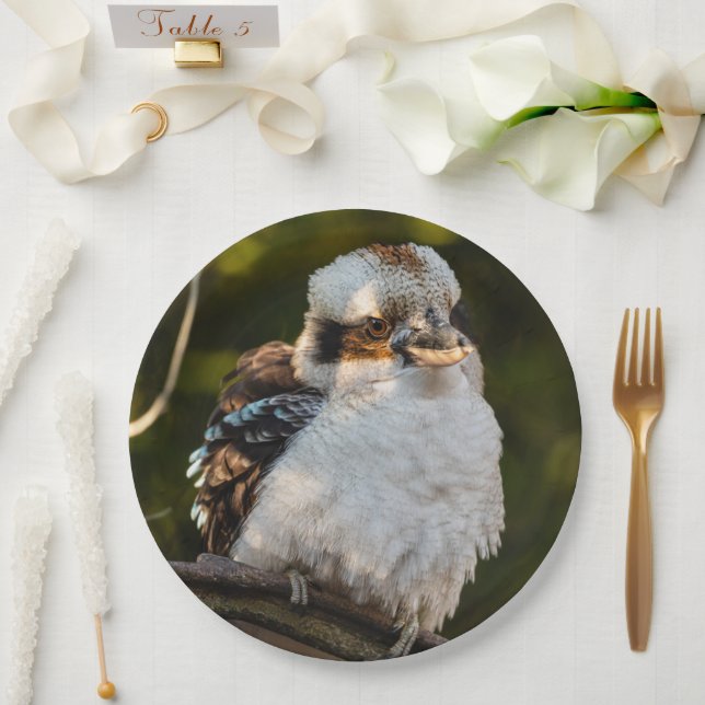Fluffed up laughing kookaburra paper plate (Wedding)