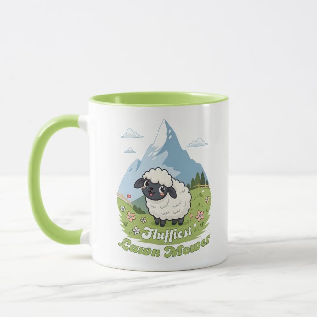 Fluffiest Lawn Mower – Adorable Blacknose Sheep Mug (Left)