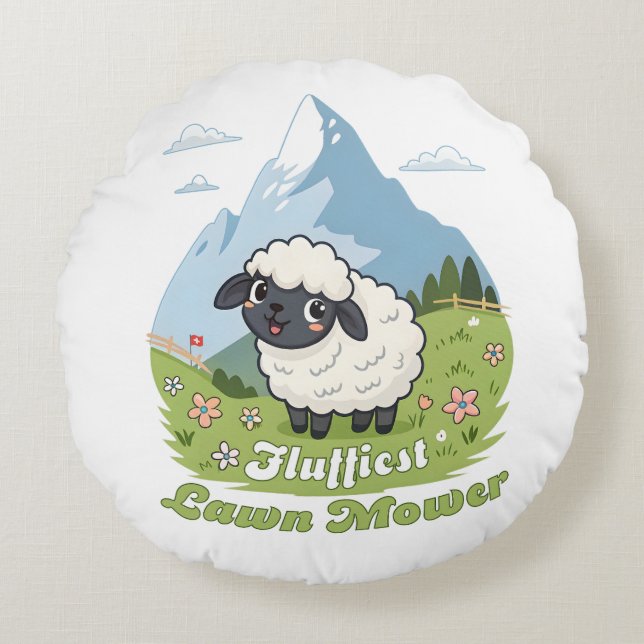 Fluffiest Lawn Mower – Adorable Blacknose Sheep Round Cushion (Front)