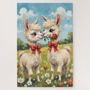 Fluffy Alpaca Couple With Red Bows Art Jigsaw Puzzle