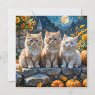 Fluffy Autumn Kittens Pumpkins and Flowers Card