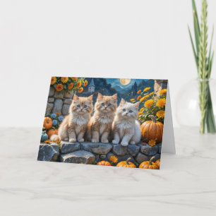 Fluffy Autumn Kittens Pumpkins and Flowers Card