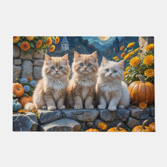 Fluffy Autumn Kittens Pumpkins and Foliage Doormat (Front)