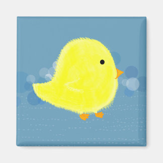 Fluffy Baby Chick With Blue Square Magnet