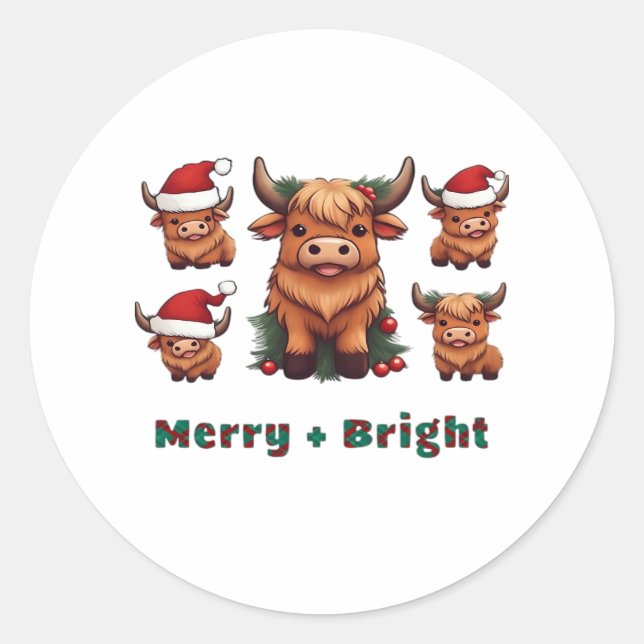 Fluffy Baby Highland Cow Drink Coffee Oversized T- Classic Round Sticker (Front)