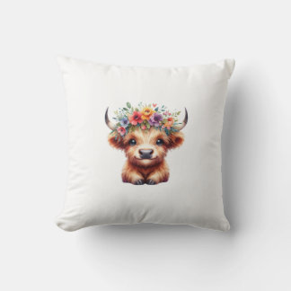Fluffy Baby Highland Cow with Floral Crown – Cute  Cushion