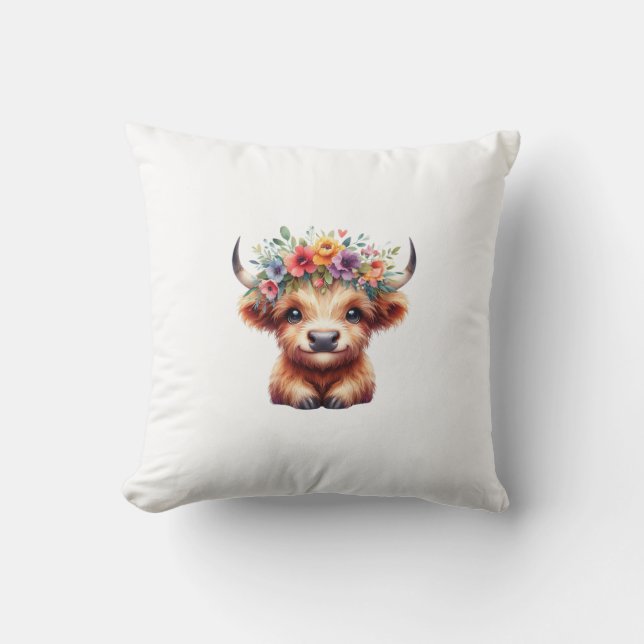 Fluffy Baby Highland Cow with Floral Crown – Cute  Cushion (Front)