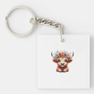 Fluffy Baby Highland Cow with Floral Crown – Cute Key Ring