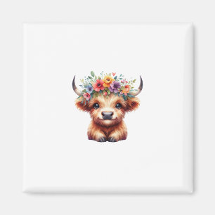 Fluffy Baby Highland Cow with Floral Crown – Cute  Magnet