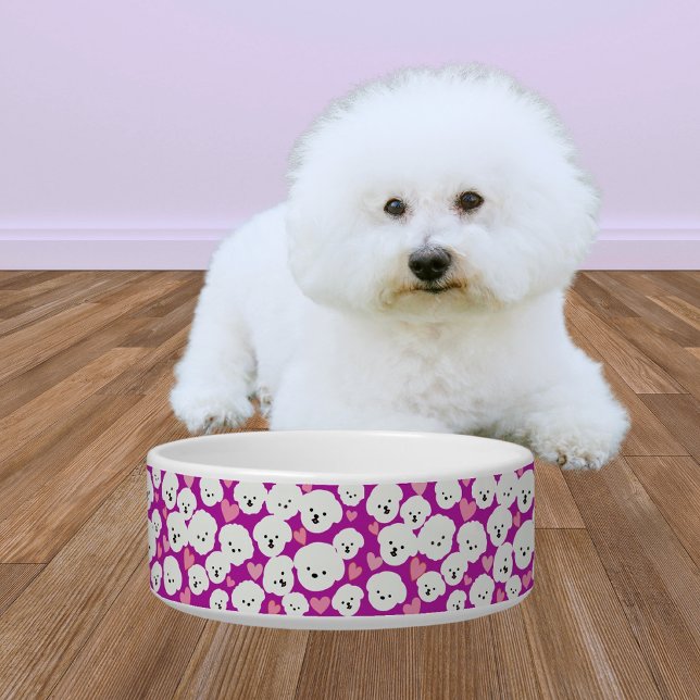 Fluffy Bichon Faces and Hearts Pet Bowl (Creator Uploaded)
