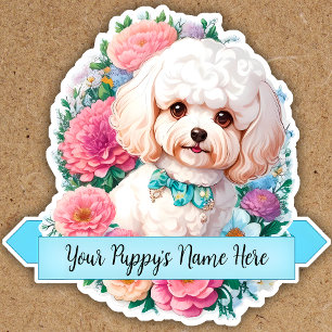 Fluffy Bichon Frisé, assorted flowers custom