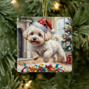 Fluffy Bichon Frise Dog Joyful Christmas Ceramic Ornament