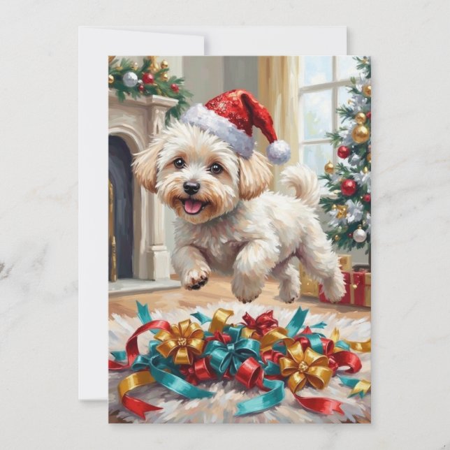 Fluffy Bichon Frise Dog Joyful Christmas Holiday Card (Front)
