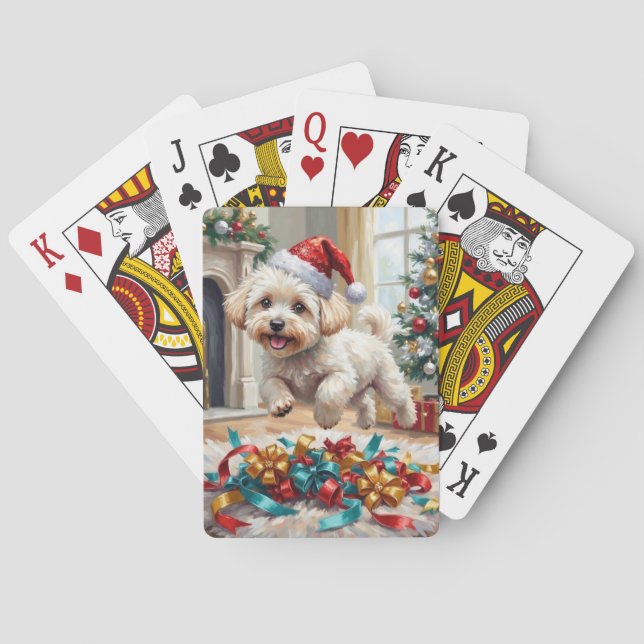 Fluffy Bichon Frise Dog Joyful Christmas Playing Cards (Back)