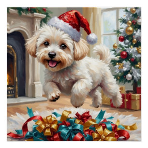 Fluffy Bichon Frise Dog Joyful Christmas Poster