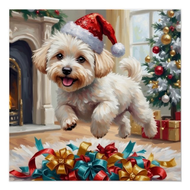 Fluffy Bichon Frise Dog Joyful Christmas Poster (Front)