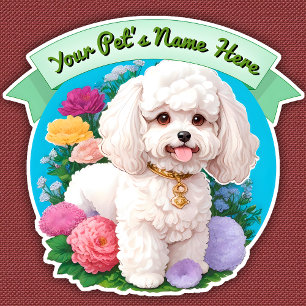 Fluffy Bichon Frisé, green ribbon, flowers around
