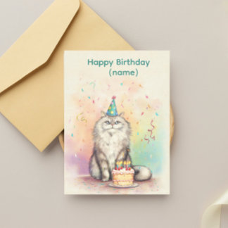 Fluffy Birthday Cat – Party Hat Cat with Cake Postcard