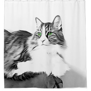 Fluffy black and white cat with green eyes shower curtain
