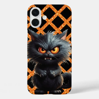 FLUFFY BLACK ANGRY HALLOWEEN CAT iPhone 16 PLUS CASE