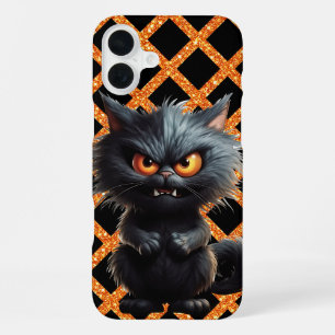 FLUFFY BLACK ANGRY HALLOWEEN CAT iPhone 16 PLUS CASE