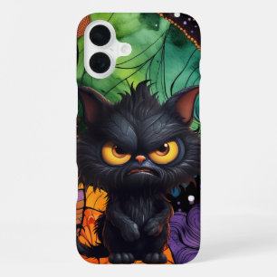 FLUFFY BLACK ANGRY HALLOWEEN CAT iPhone 16 PLUS CASE