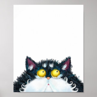 Fluffy Black Cartoon Cat Portrait Painting Poster