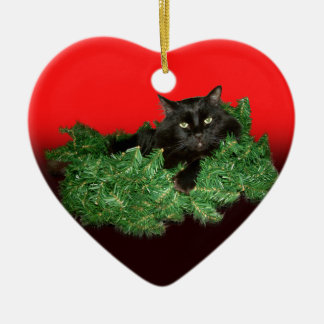 Fluffy Black Cat in Christmas Wreath Ceramic Tree Decoration