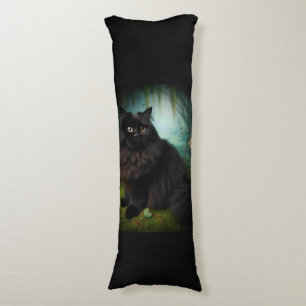 Fluffy Black Cat in Misty Woods Body Cushion