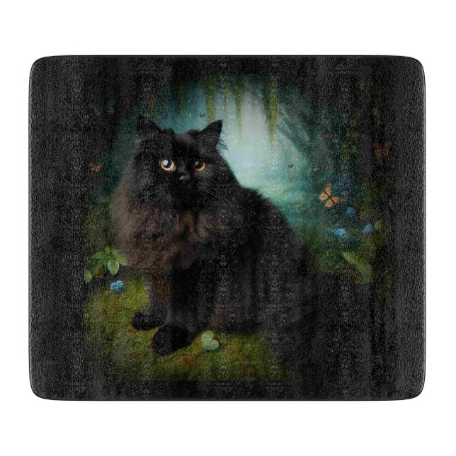 Fluffy Black Cat in Misty Woods Cutting Board (Front)