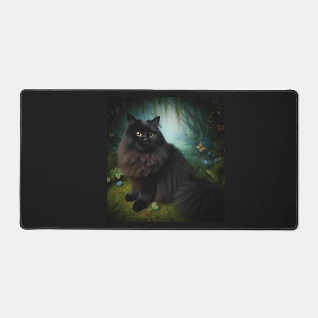 Fluffy Black Cat in Misty Woods Desk Mat (Front)