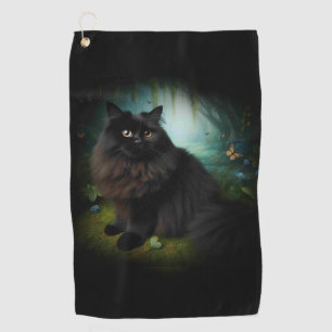 Fluffy Black Cat in Misty Woods Golf Towel