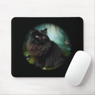 Fluffy Black Cat in Misty Woods Mouse Mat
