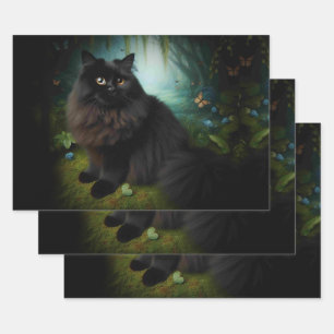 Fluffy Black Cat in Misty Woods Name Front Wrapping Paper Sheet